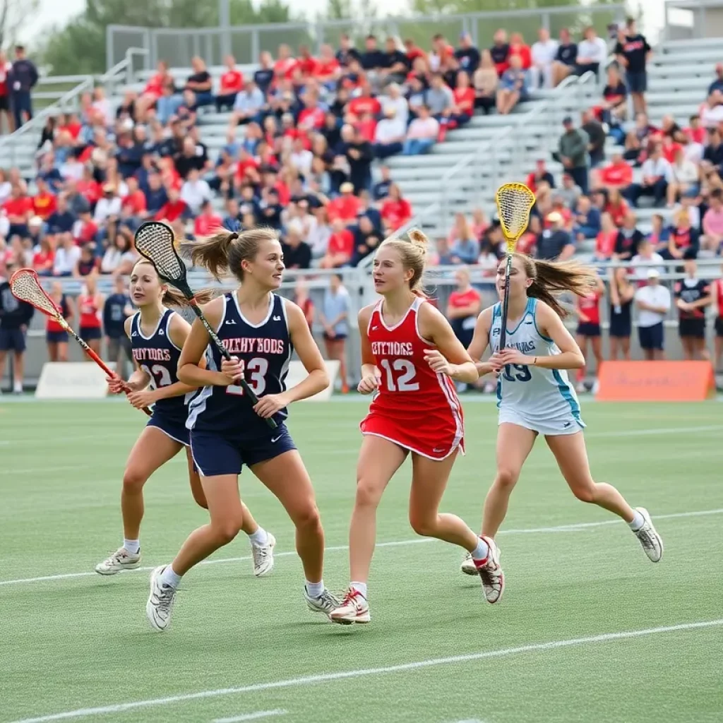 Girls from high school lacrosse teams playing energetically on the field during a game.