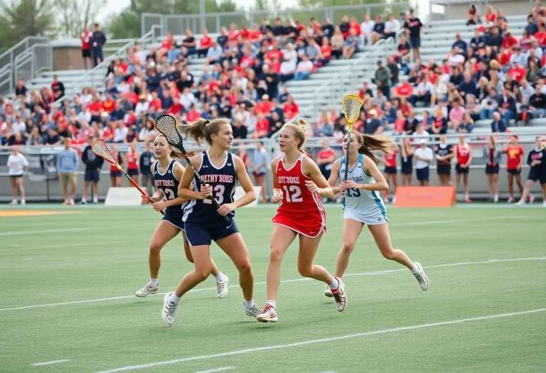 Girls from high school lacrosse teams playing energetically on the field during a game.