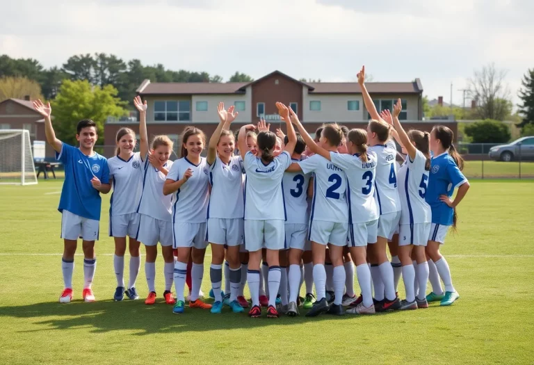 High school soccer team celebrating a match victory on the field