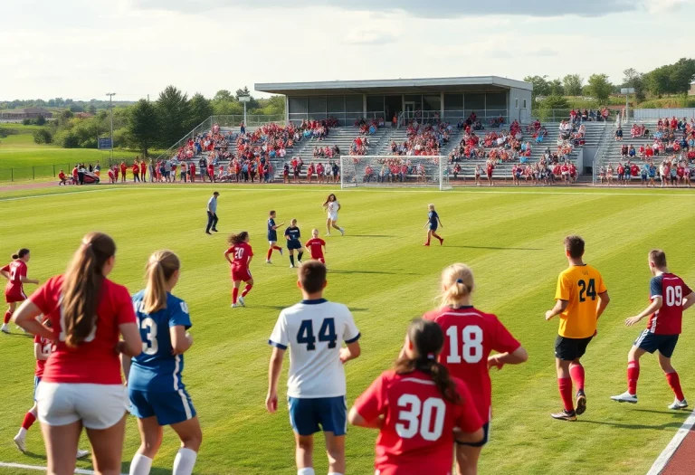 Soccer players competing in a high school match in Iowa.
