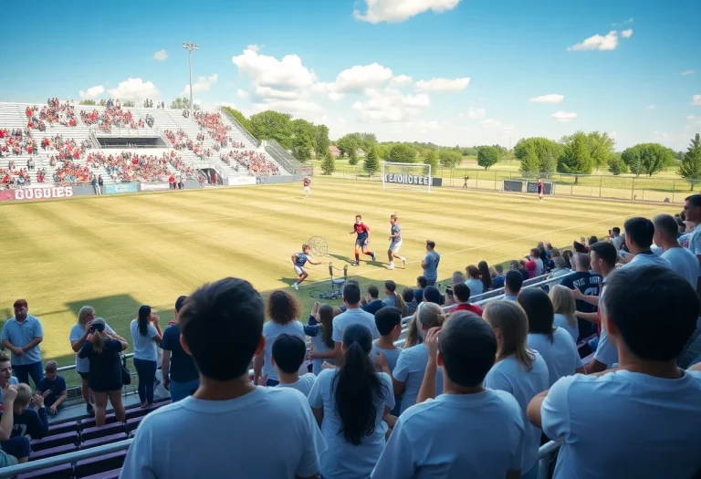 Players competing in a high school soccer game with enthusiastic crowd