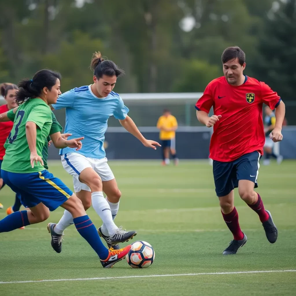 High school soccer players competing on the field