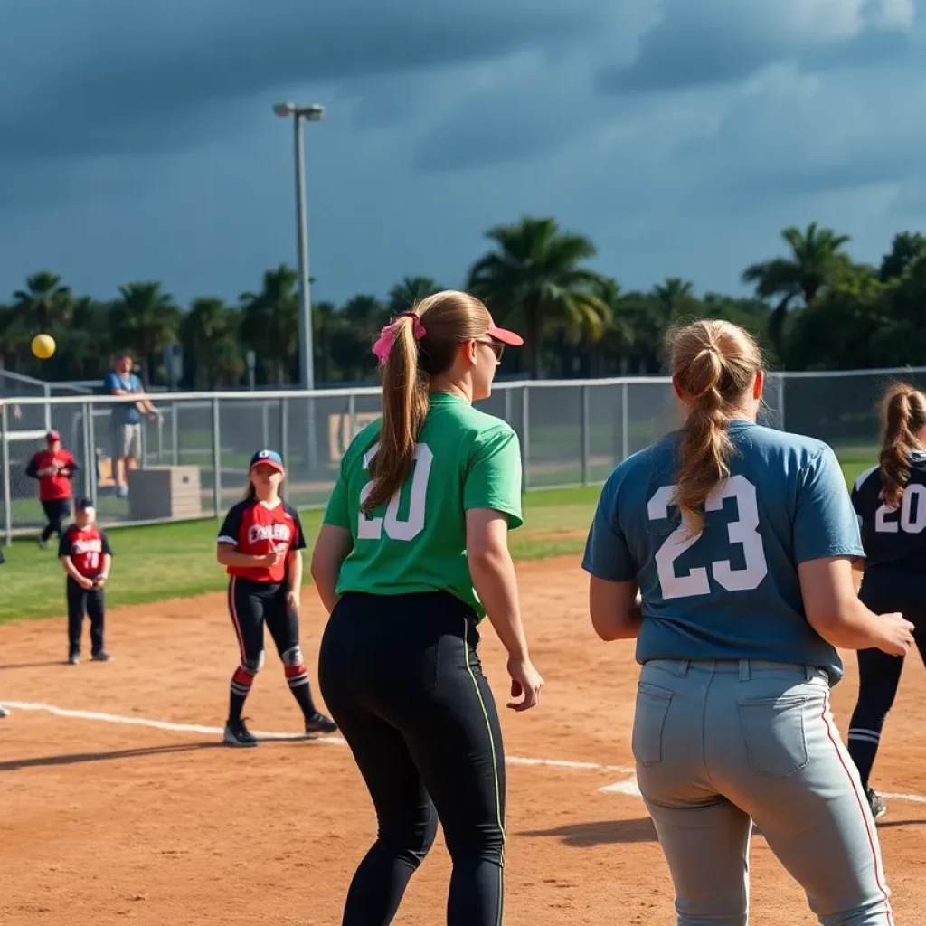 High school softball players in action during a game in Florida