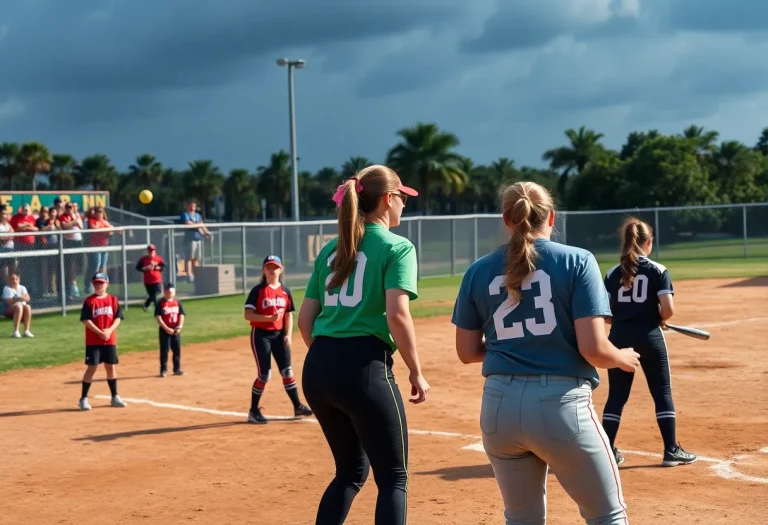High school softball players in action during a game in Florida