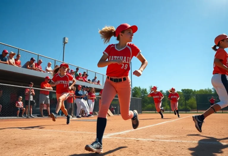 High school softball game in progress with players in vibrant uniforms.