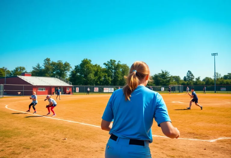 Players in action on a vibrant high school softball field