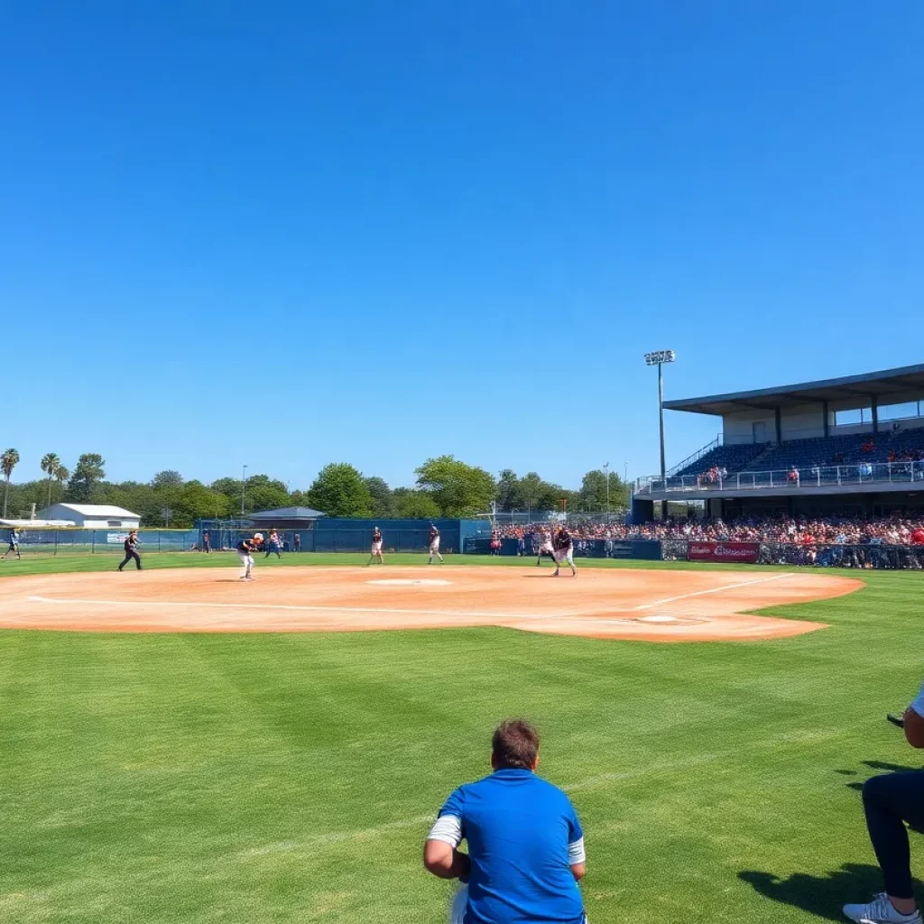 Action on a high school softball field with players and fans