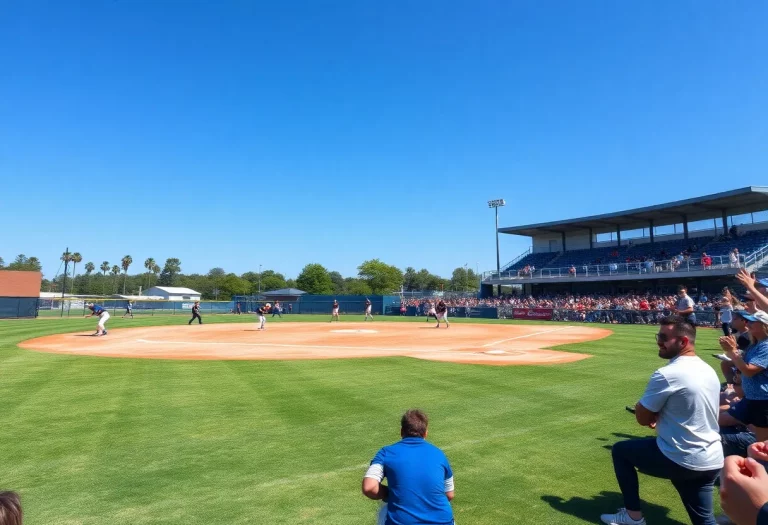Action on a high school softball field with players and fans