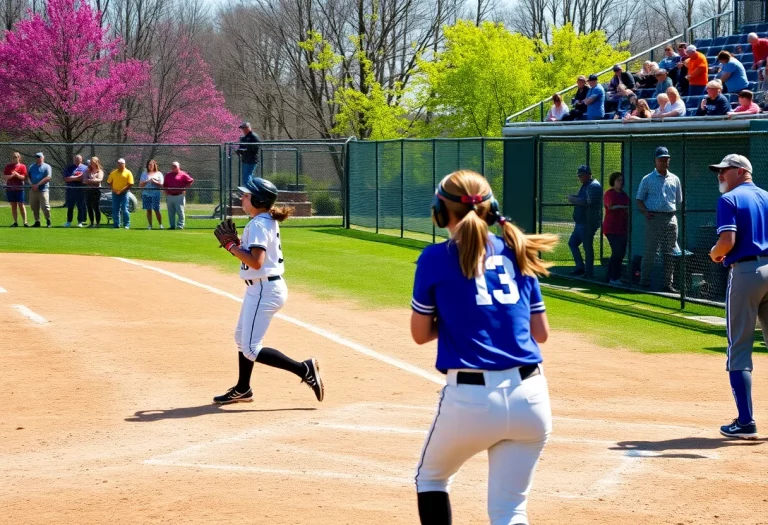 Players engaged in a high school softball game under sunny skies