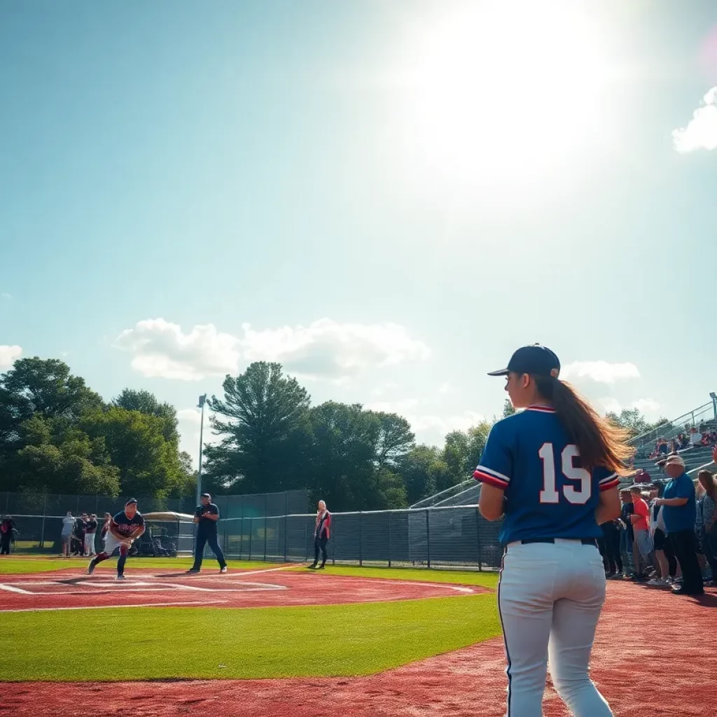High school softball players in action on the field during a sunny day.