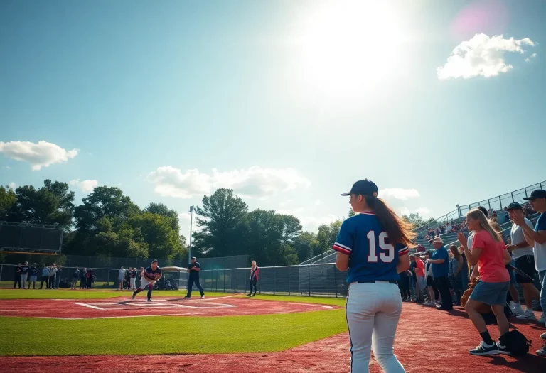 High school softball players in action on the field during a sunny day.