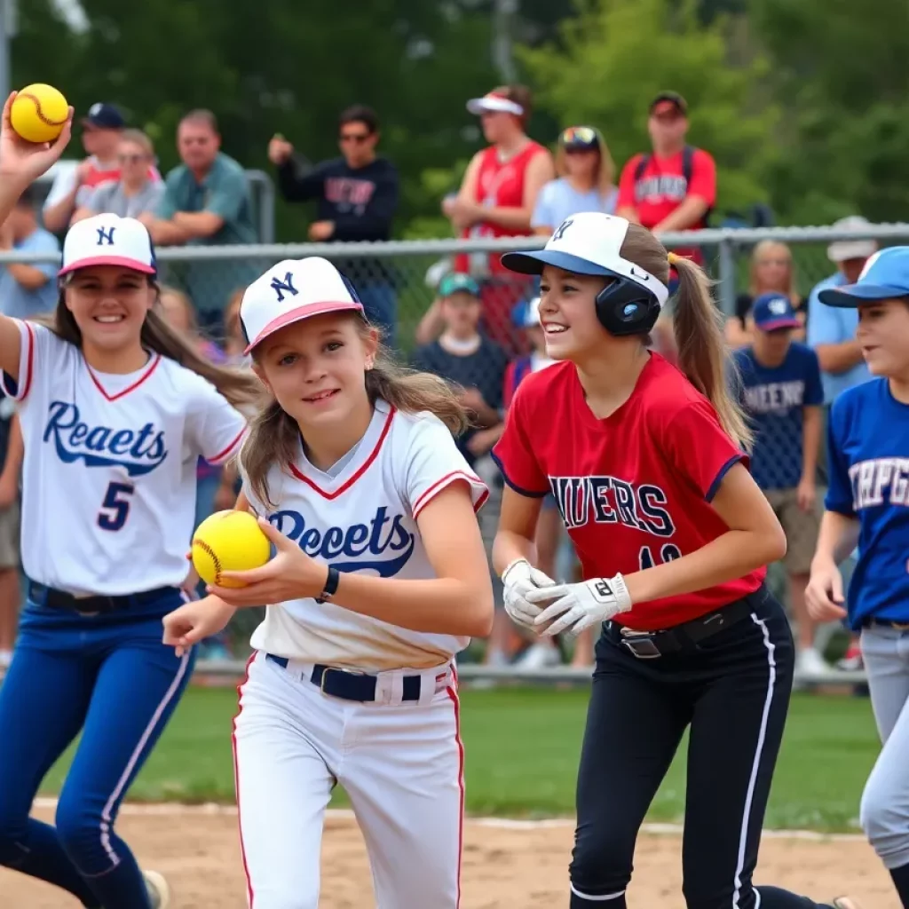 High school softball players competing in a match