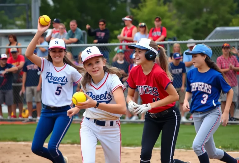 High school softball players competing in a match