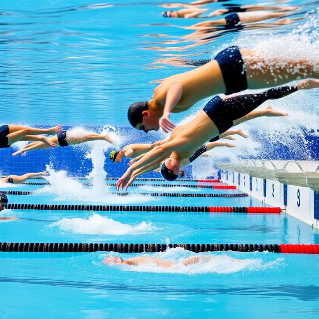 Swimmers in action at a high school swimming competition with backstroke ledges