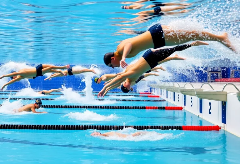 Swimmers in action at a high school swimming competition with backstroke ledges