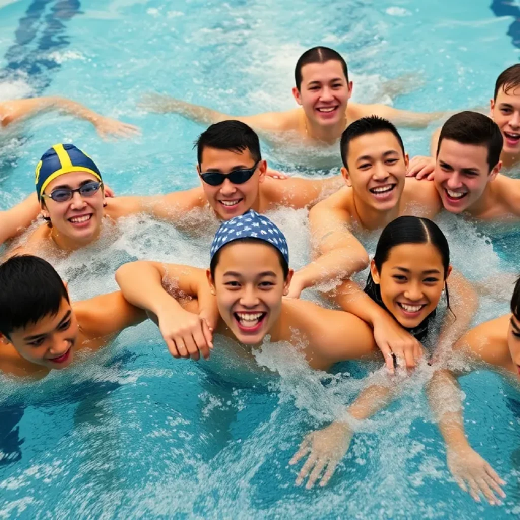 A group of high school swimmers training in a pool