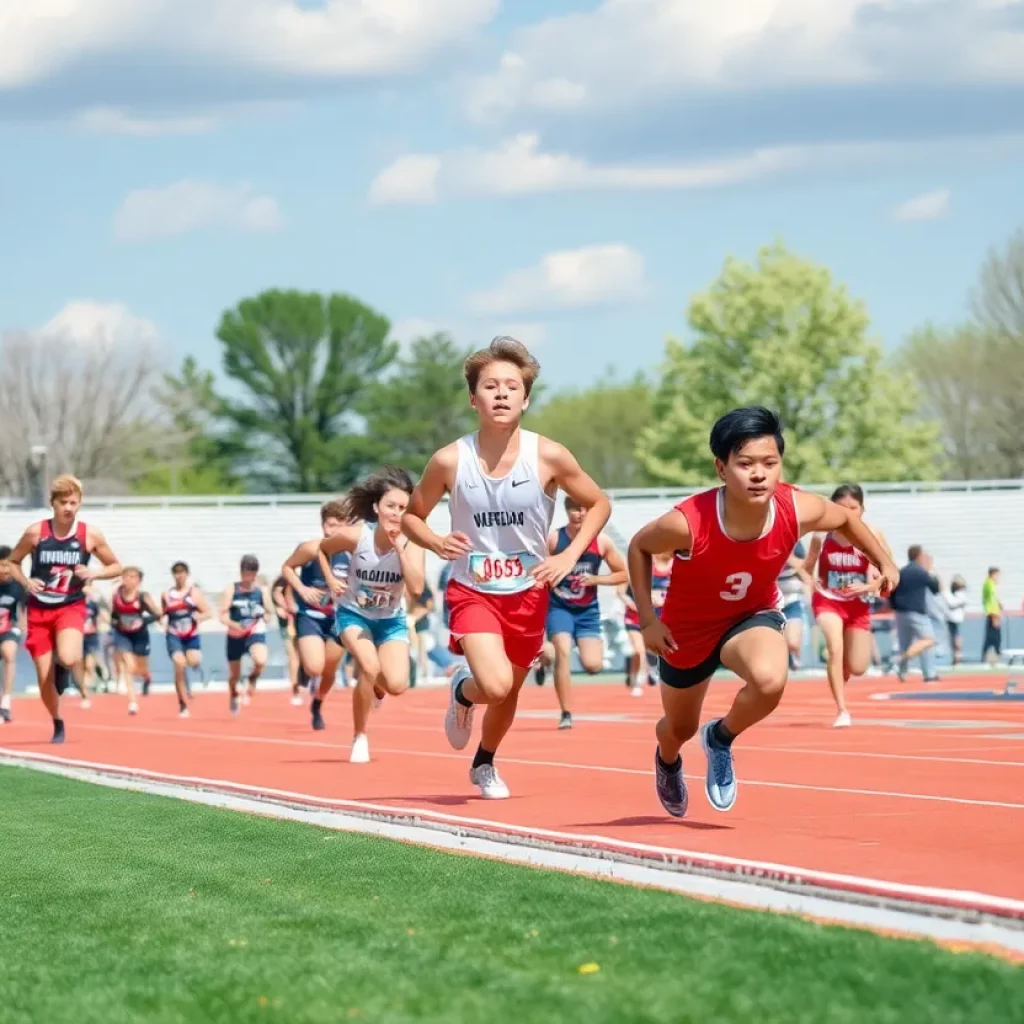 High school athletes competing in a track and field event during a sunny spring day.