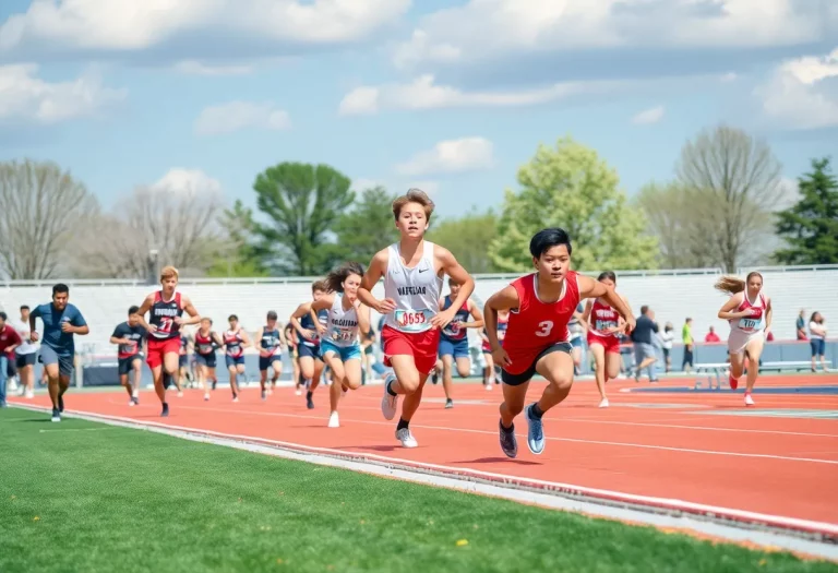 High school athletes competing in a track and field event during a sunny spring day.