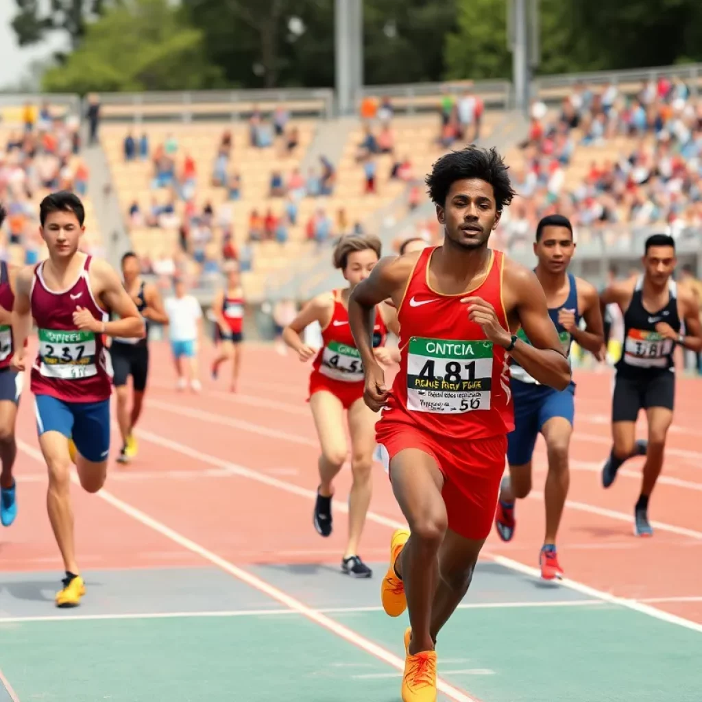 Athletes competing in a track and field meet, displaying teamwork and determination.