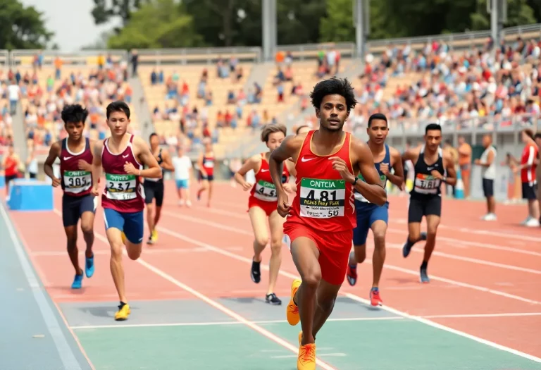 Athletes competing in a track and field meet, displaying teamwork and determination.