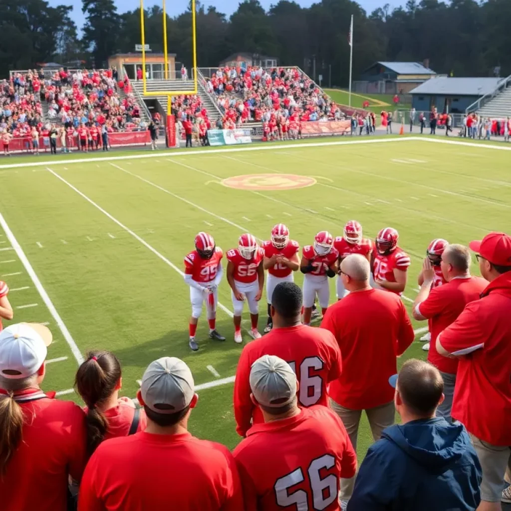 Fans and players at Holy Family High School football game