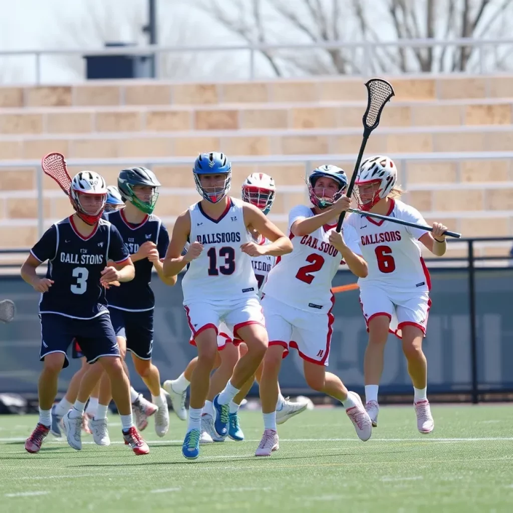 Boys lacrosse teams playing during a match with fans cheering in the background.