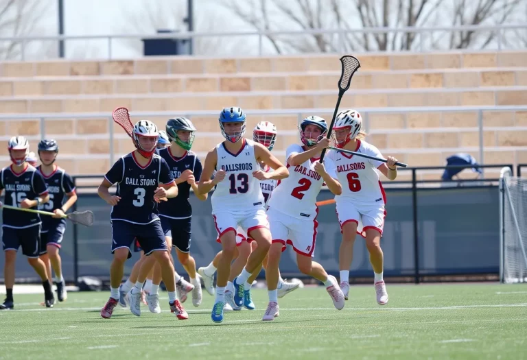 Boys lacrosse teams playing during a match with fans cheering in the background.