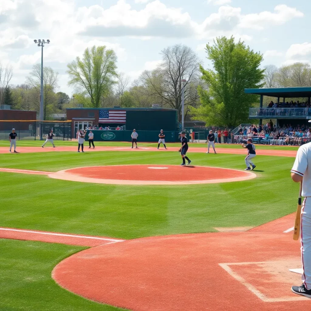 High school baseball scene with players on the field.