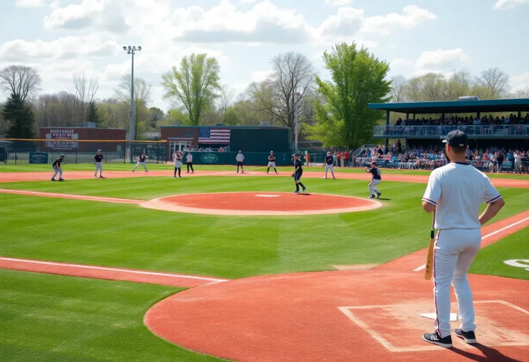 High school baseball scene with players on the field.