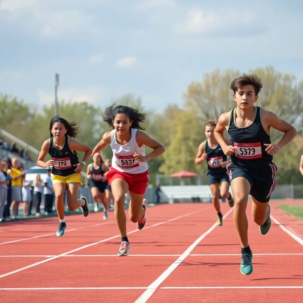 High school athletes racing at a track meet representing Huntley Project School