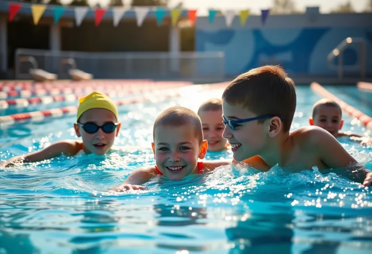 Young swimmers practicing in a pool, highlighting teamwork and dedication.