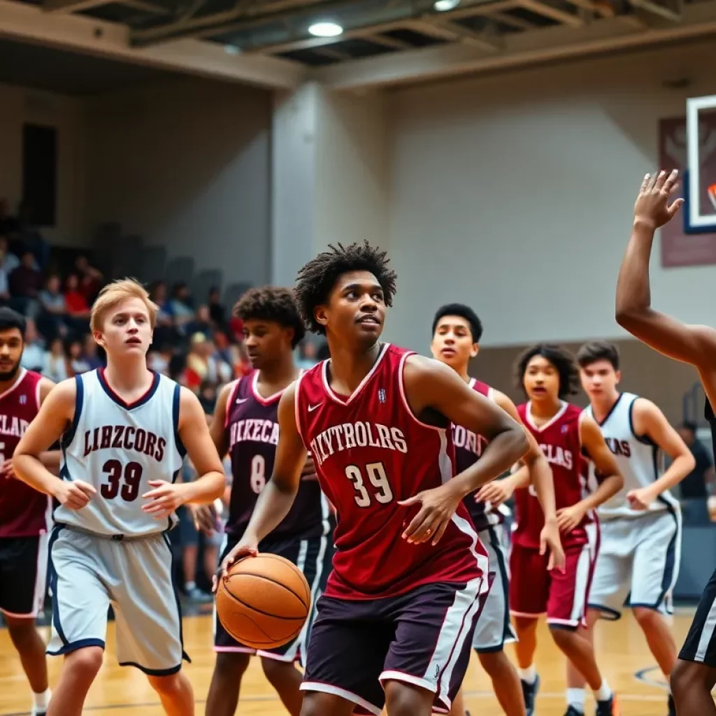 High school basketball players in action on the court