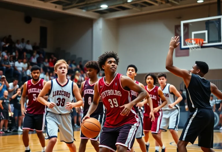 High school basketball players in action on the court