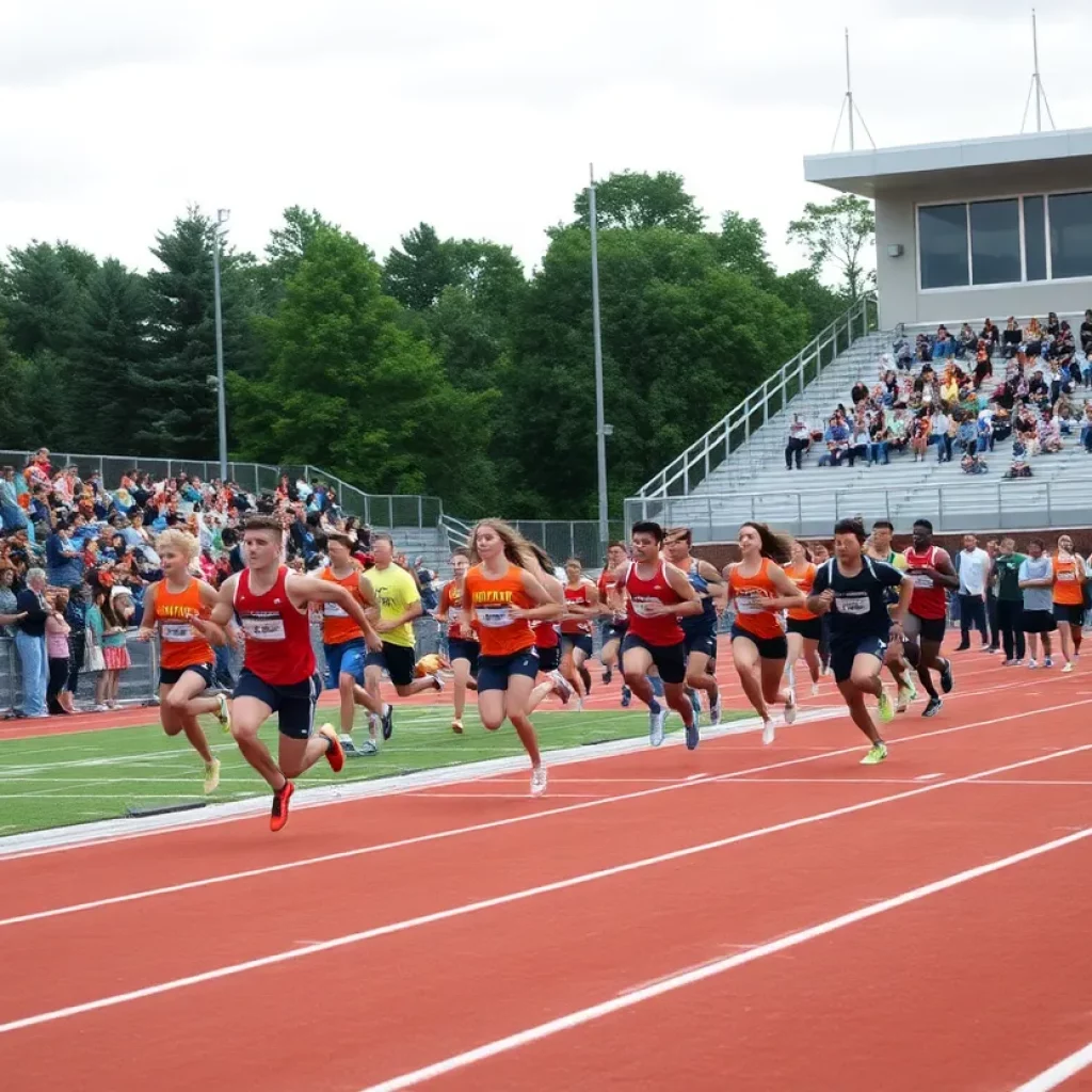 Athletes competing in a high school track and field event in Indiana