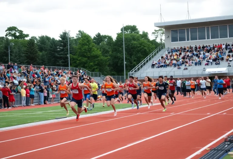Athletes competing in a high school track and field event in Indiana