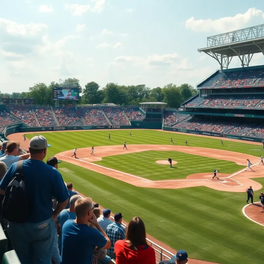 High school baseball teams playing at an iconic stadium during summer.