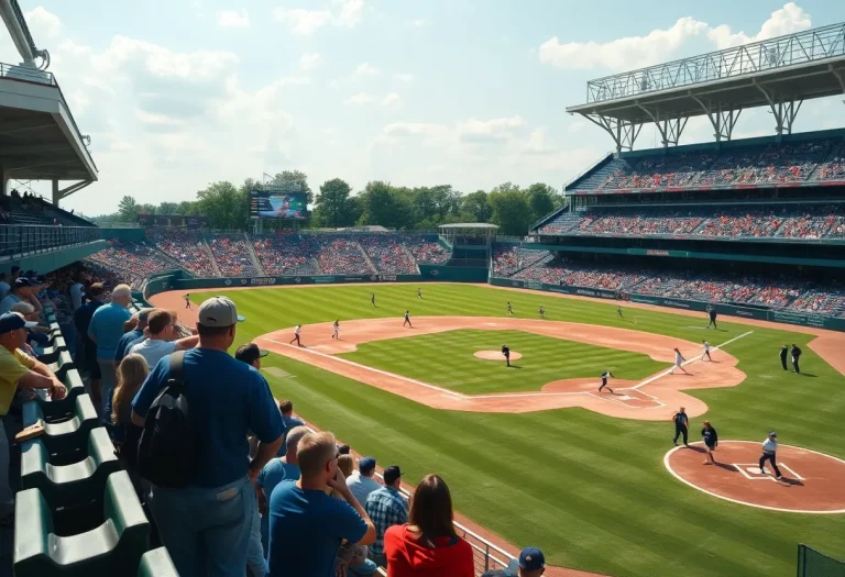 High school baseball teams playing at an iconic stadium during summer.