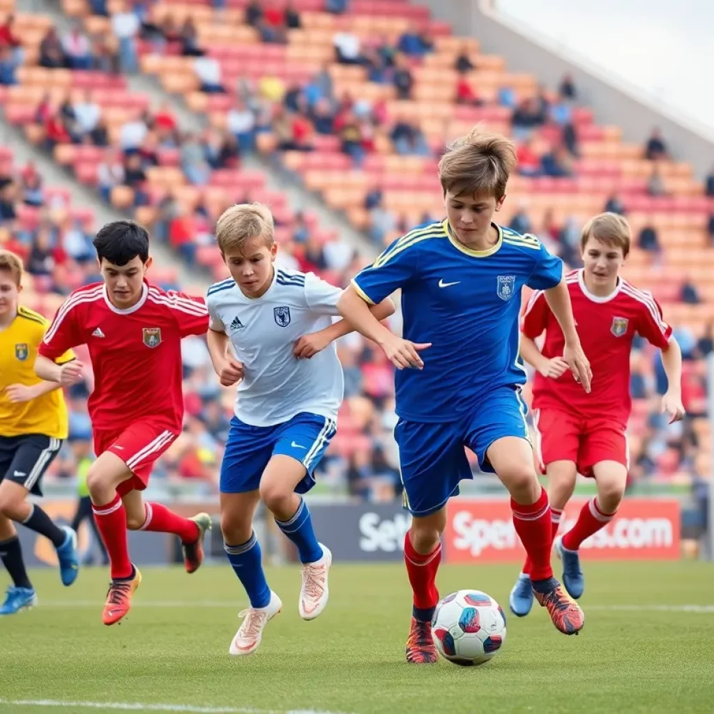 High school boys soccer players in action during a match