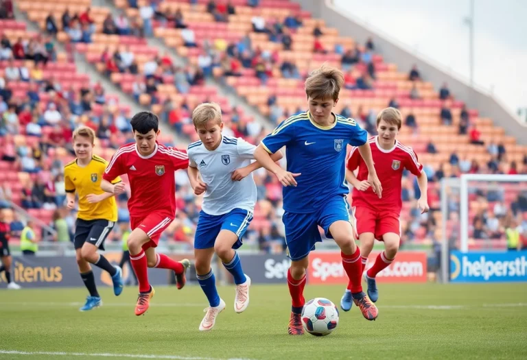 High school boys soccer players in action during a match