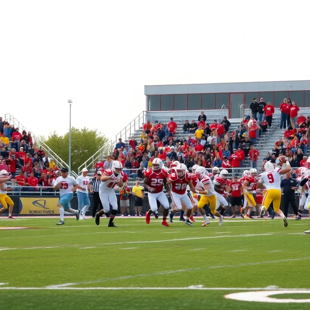 High school football players in action during a game in Iowa