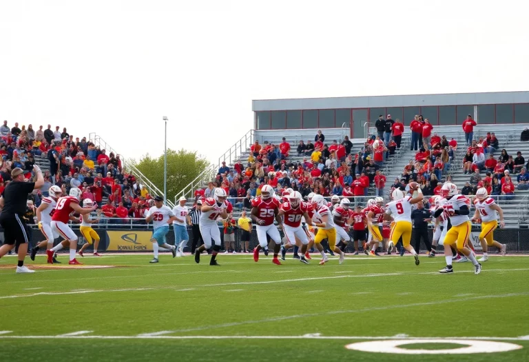 High school football players in action during a game in Iowa