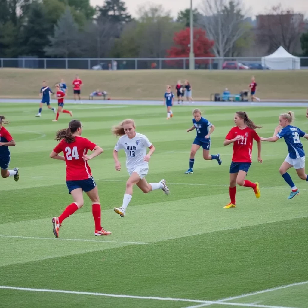 High school soccer players competing on a field in Iowa