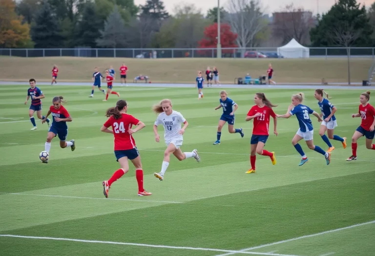 High school soccer players competing on a field in Iowa