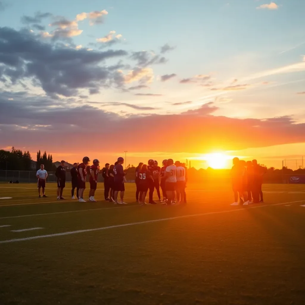 Jefferson High School football team strategizing on the field