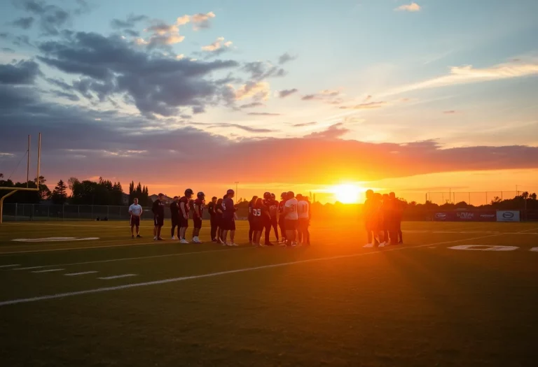 Jefferson High School football team strategizing on the field