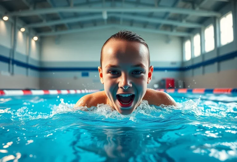 A young swimmer practicing in an Olympic-sized pool.
