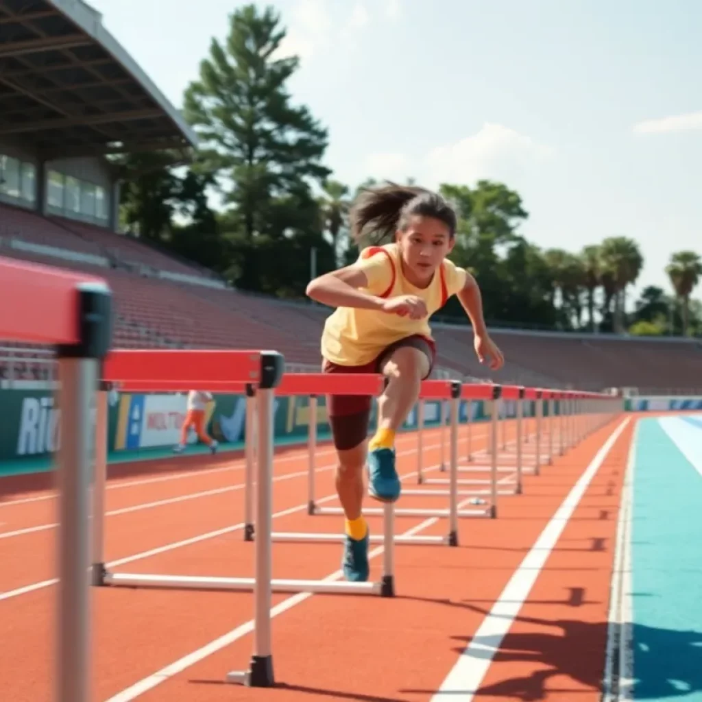 Young athlete competing in 300-meter hurdles