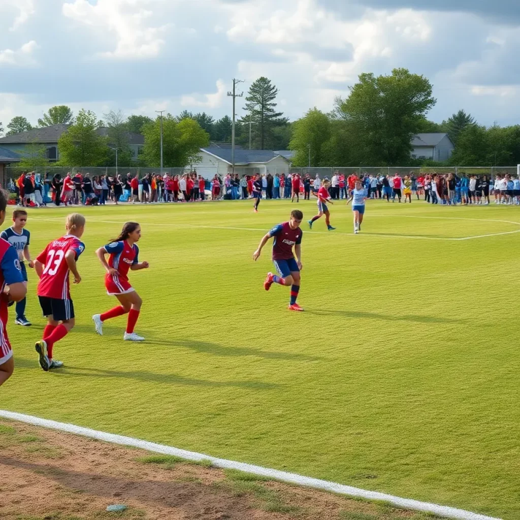Soccer players on a high school field in Keokuk