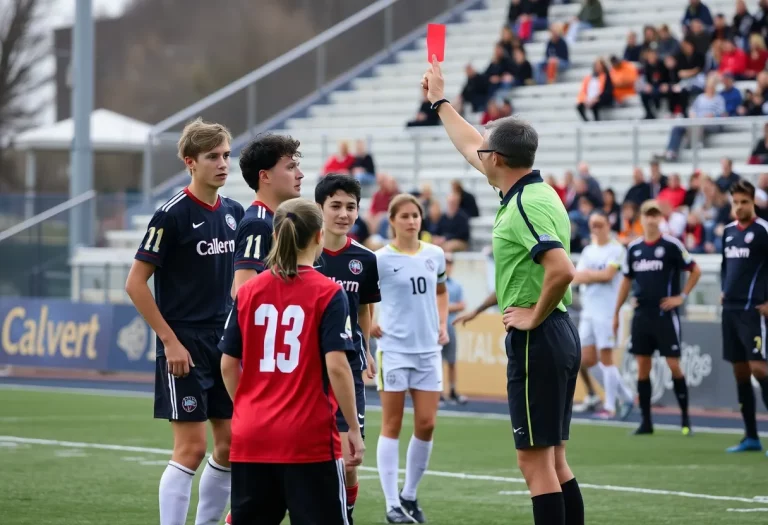 High school soccer match at Calvert Stadium with a referee showing a red card