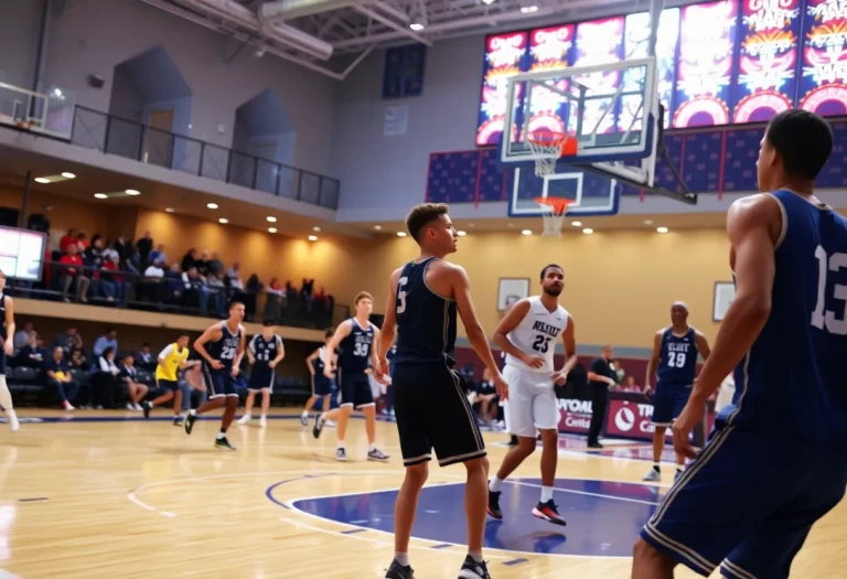College basketball players in action on the court